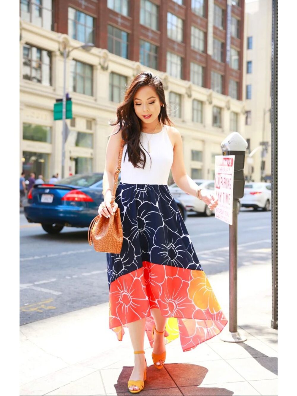 hutch Anthropologie Peachy High-Low Dress Color Block Floral Navy Multicolor M - Picture 13 of 16